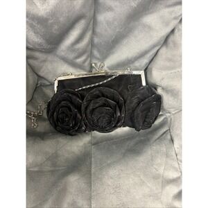 Women Satin Rose Black Color Handbag Silver tone chain
